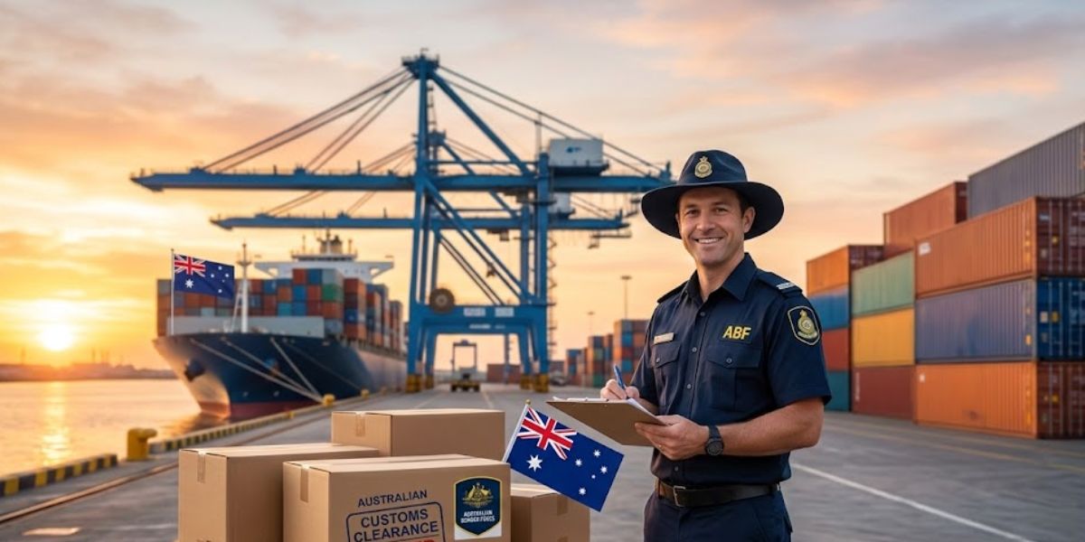 A customs officer in a navy uniform smiles while holding a clipboard and an Australian flag in a shipping yard at sunset, with a cargo ship and container stacks in the background.